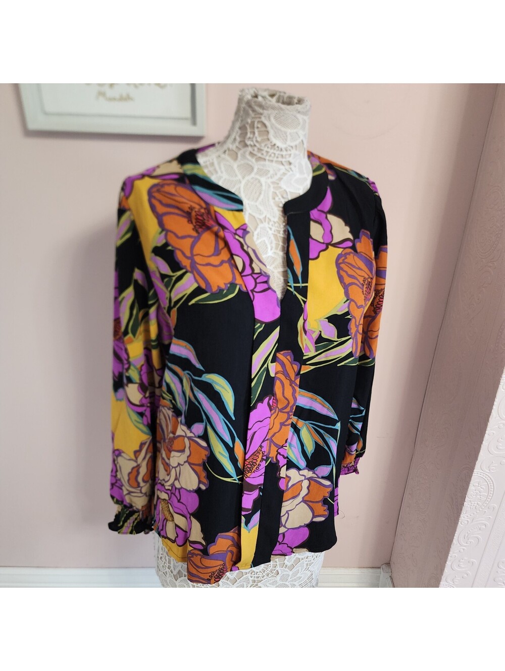 Oddi Women’s Large Black Multicolor Floral Long-Sleeve Blouse Top